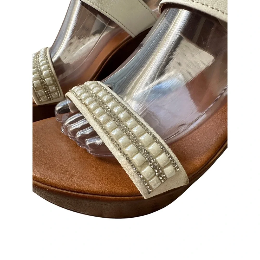 Italian Shoemakers Wedge Sandals Women 10 White Pearl Rhinestone Platform Summer
